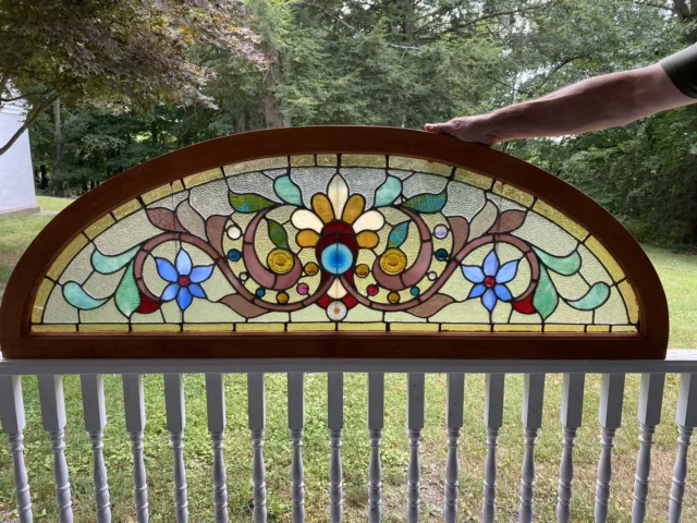 Victorian Leaded Stained Jeweled Glass Transom Window