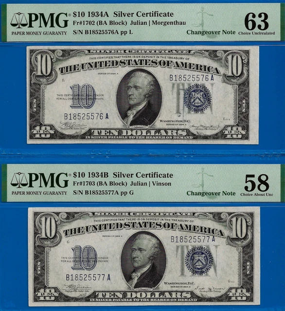1934A 1934B $10 Silver Certificate PMG 63 top pop only known changeover BA Block