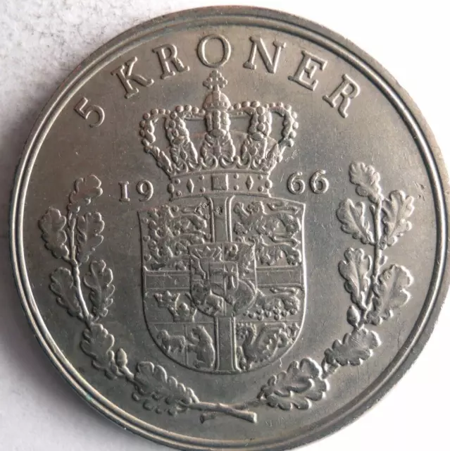 1966 DENMARK 5 KRONER - Excellent Coin - FREE SHIP - Bin #703