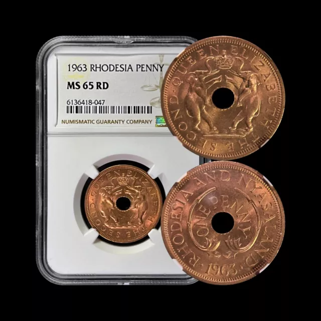 RHODESIA. 1963, Penny - NGC MS65 - QEII, Nyasaland, Elephants