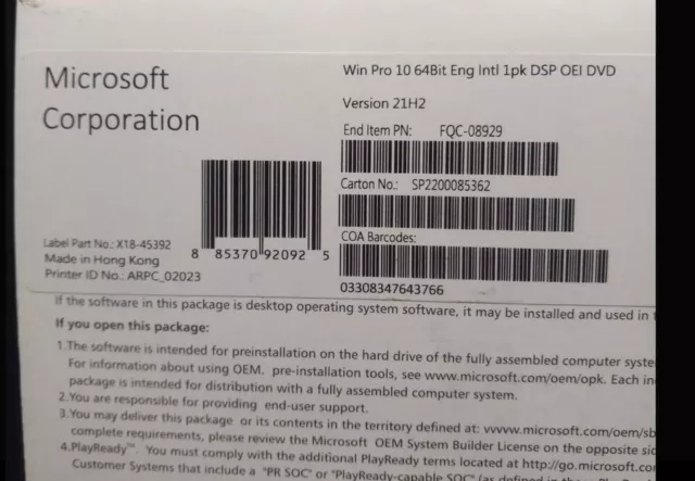 Microsoft Windows 10 Pro Professional DVD Genuine Retail License For 1 PC