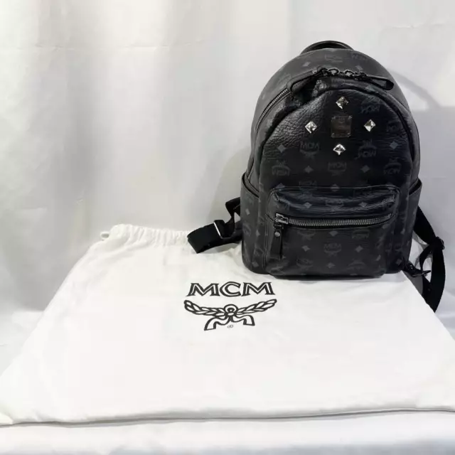 MCM STUDDED BACKPACK Daypack Black Leather Silver Hardware with