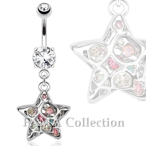 FAMA 3D Star with Paved CZs Inside Dangle Navel Belly Ring 316L Surgical Steel