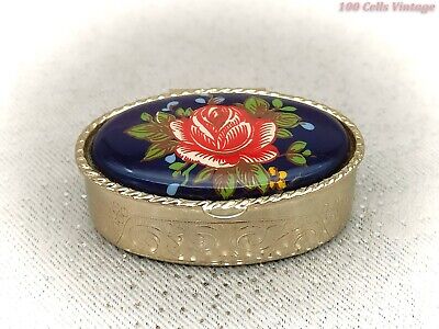 Floral Rose-Blue & Red Metal-Vintage Trinket/Pill Box-5cm