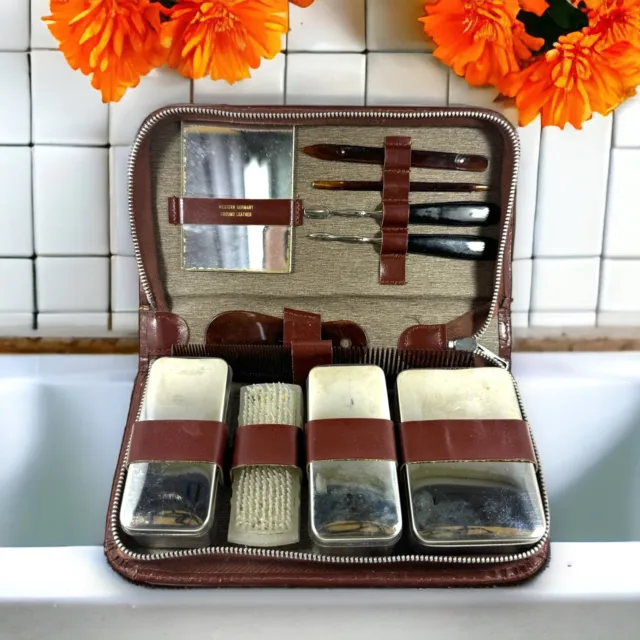 Vintage WESTERN GERMANY 1950s leather zip mens grooming travel kit