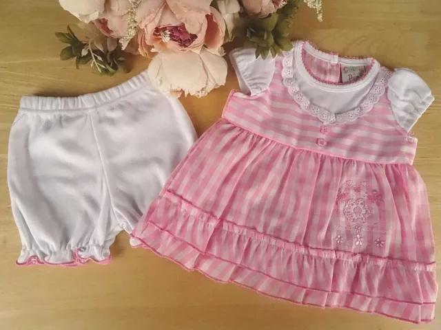 Baby Girl White Pink Gingham Flower Embroidered Dress & Bloomers Set 3-6-9m