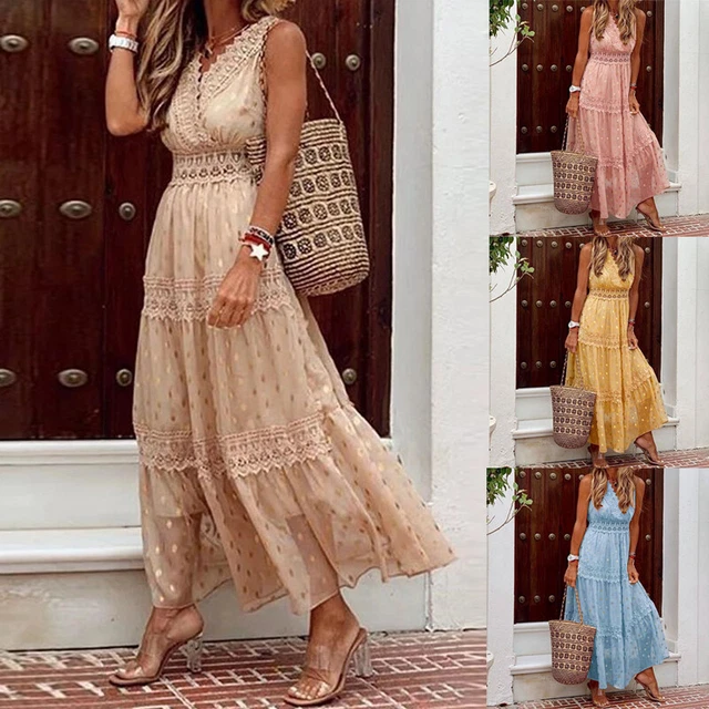 Gacaky Damen-Sommerkleid – Maxikleid Mit Spitze & Blumenstickerei, A-Linie, Boho-lang