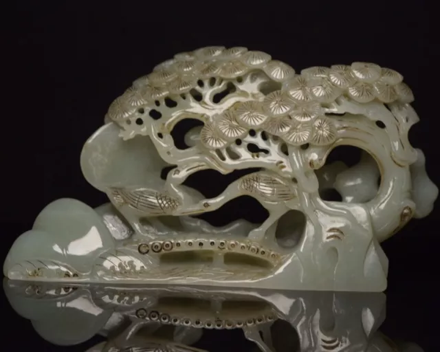 Chinese Exquisite Handmade Crane and Pine carving Hetian Jade Statue
