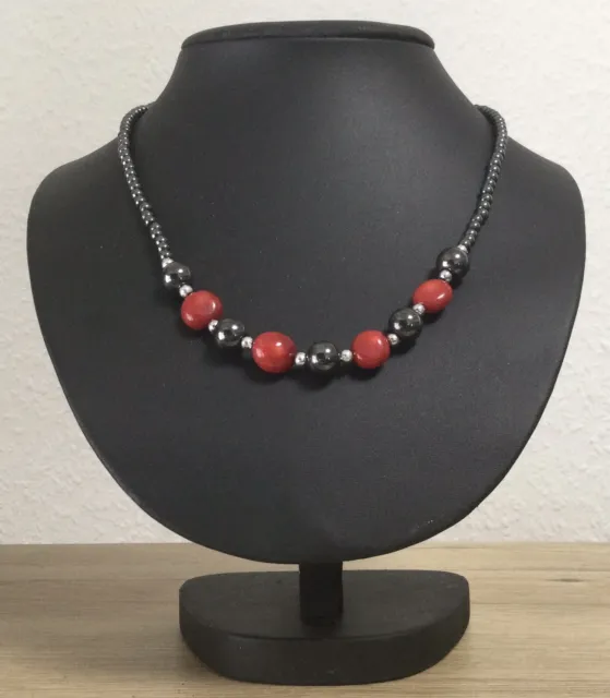 Jade Perlenkette Perlen Collier Kette Rot Grau Anthrazit L47 cm *TOP*