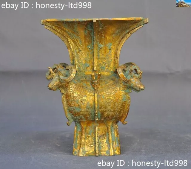 Chinese Old Dynasty Bronze Ware Gilt Four Sheep Head Zun Cup Bottle Pot Vase Jar