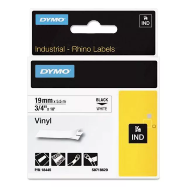 DYMO Rhino Permanent Vinyl Industrial Label Tape 3/4" x 18 ft White/Black Print