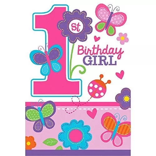 Sweet Girl Butterfly Flower Pink Cute Kids 1st Birthday Party Invitations