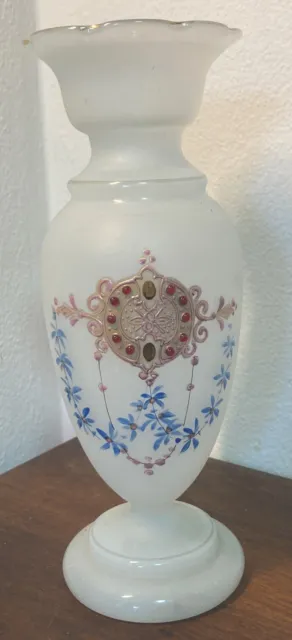 Beautiful Antique 9” Bristol Opaline/Opaque Hand Painted Flower Vase W/Enameling