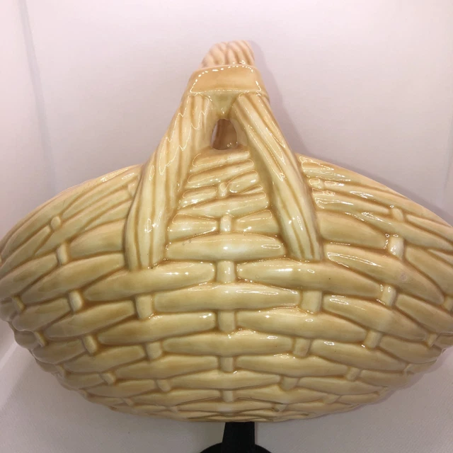 Studio Art Pottery Yellow Basket 1992 Signed Weaved Pattern Majolica Glaze