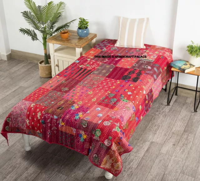 Vintage Handmade Patchwork Kantha Quilt Bed Spread Throw Twin Size Home Decor