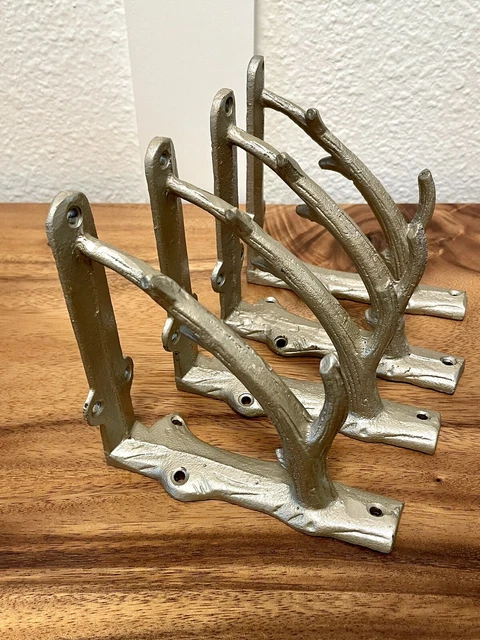 Cast Iron Tree Branch Shelf Bracket Lot Of 4 Wall Brace Rustic Wood 5” Cabin