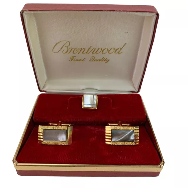 VTG Mother Of Pearl Oval Inlaid Gold Tone Cuff Link Tie Pin Boxed Set 1950s 60s