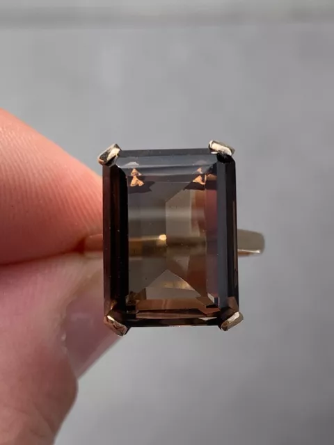 9ct gold large emerald cut smoky quartz ring, vintage 9k 375 heavy