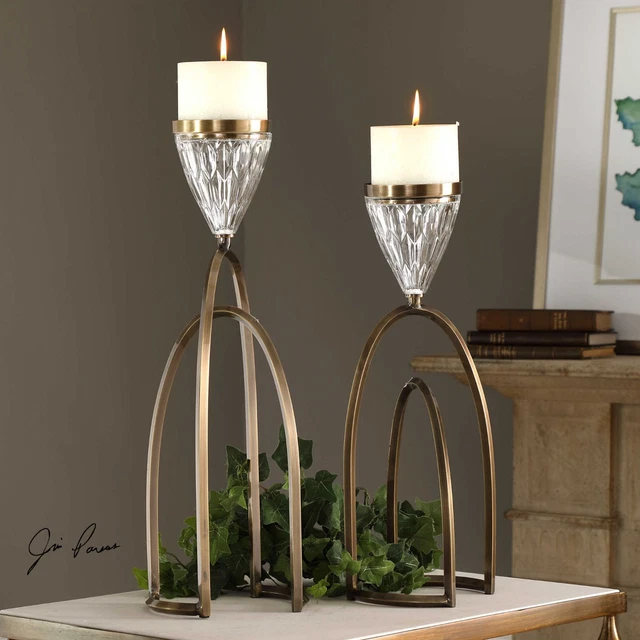Pair Carma Modern Urban Iron Pillar Candle Holders Clear Glass Xxl 22" & 24"