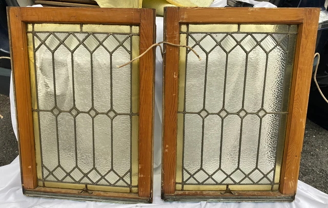 Vintage Pair Leaded Stained Glass Sash Windows Architectural Salvage