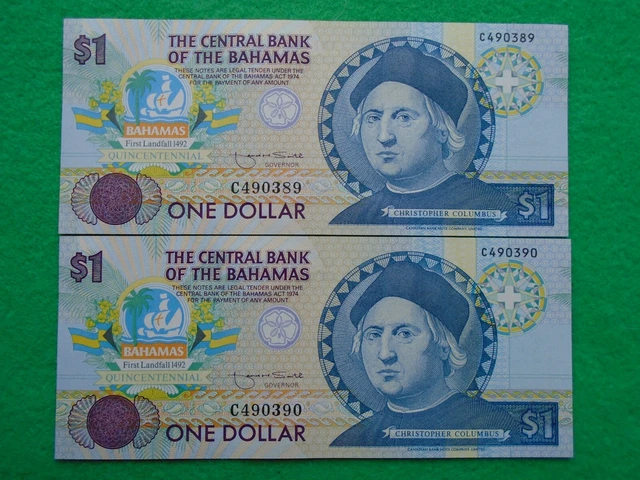 2 Consecutive 1992 Bahamas Commemorative 1 Dollar Banknotes UNC