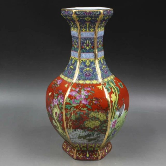 Chinese Red Enamel Porcelain Qing Qianlong Flowers Birds Design Vase 10.0 inch