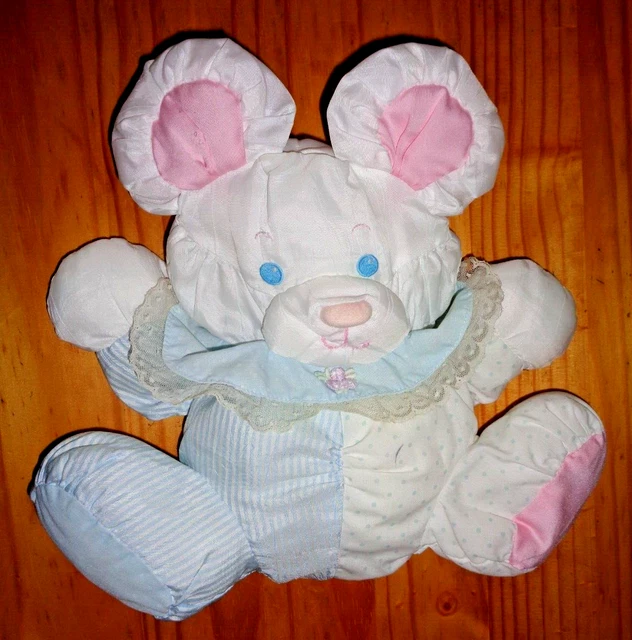 Kb1/  Peluche Vintage Grelot Fisher Price Puffalump Souris Blanc Bleu Rose Ttbe