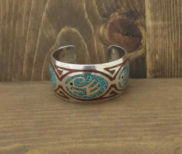 Vintage Sterling Silver Turquoise and Coral Chip Inlay Cuff Bracelet+