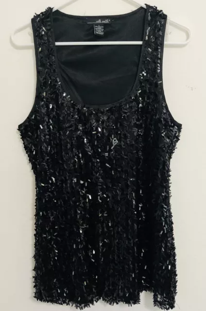 WILLI SMITH Black Disco Evening Party Holiday Sequin Sparkly Cocktail Tank Top L