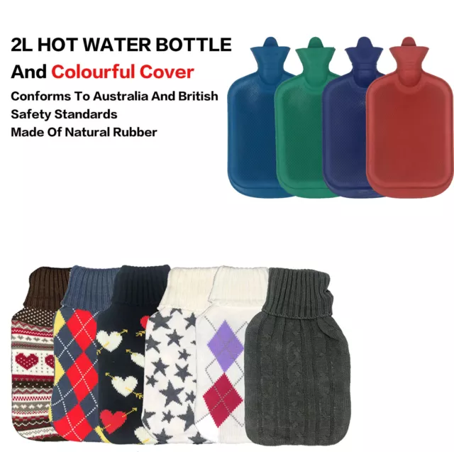 2L Hot Water Bottle Winter Warm Natural Rubber Bag Relaxing Warmer and COVER