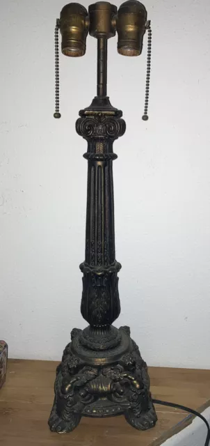 Vtg Victorian Cast Metal Pillar Lamp Cherub Putti Base- 24” Double Pull Chains