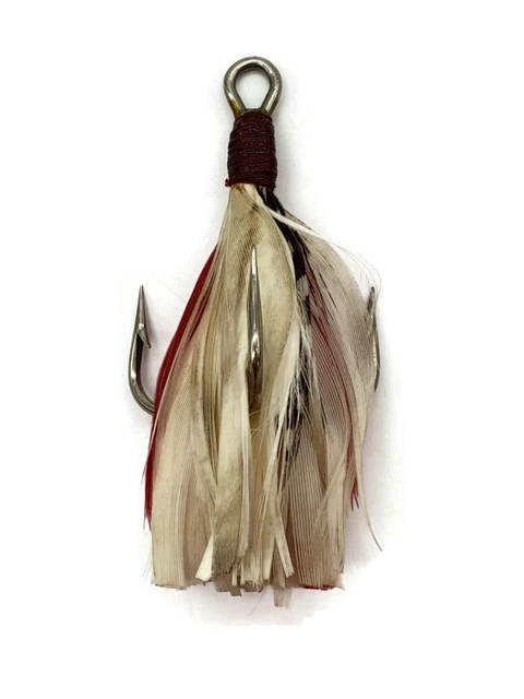 Vintage Feather Dressed Treble Hook Lure Red White Speckled Feathers 2 3/4"