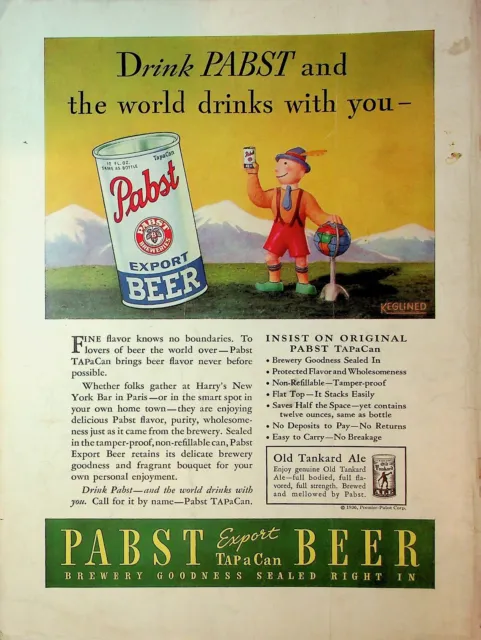 Original 1936 Pabst Beer Ad: Beer; Drink Pabst and the World Drinks with You