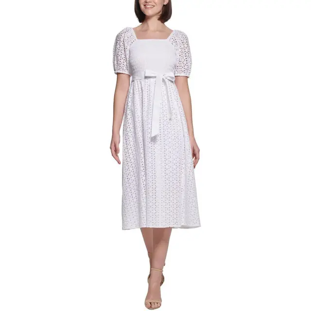 Kensie Dresses Womens White Cotton Eyelet Square Neck Midi Dress 8 BHFO 8631