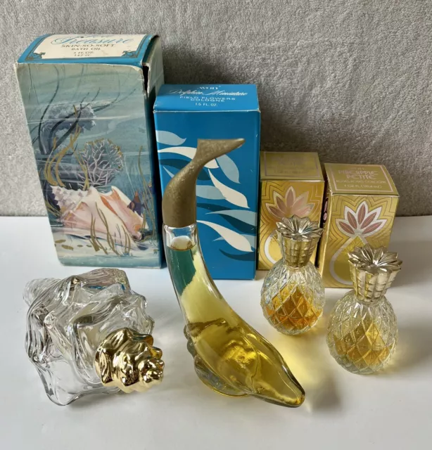 Lot of 4 Vtg Avon Perfume Bottles • Seashell + Dolphin + 2 Pineapples 70s In Box