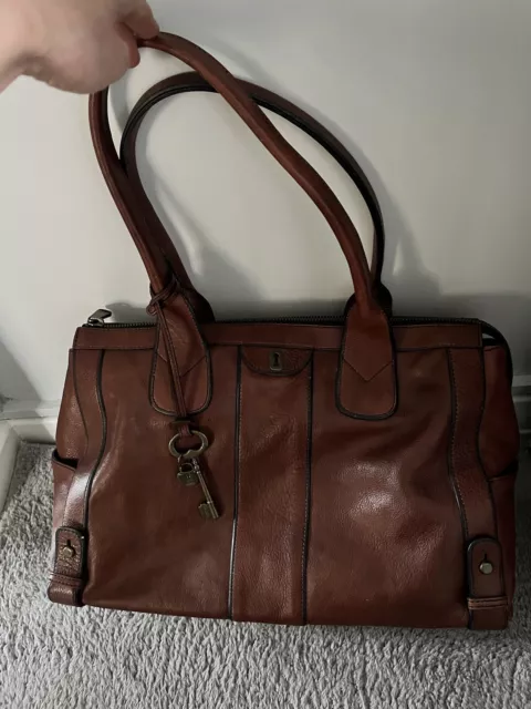 Fossil Brown Leather Vintage Large Tote Weekender Bag, Very Good Condition