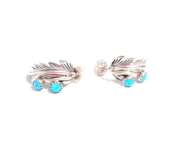 Sterling Silver Native American Hand Crafted Turquoise Leaf Earrings