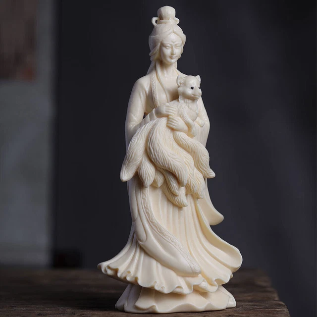21cm Chinese Traditions Tagua Nut Fairy Nine Tailed Fox Statue Feng Shui Decor