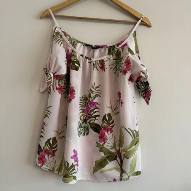 Dorothy Perkins Size 12 Cold Shoulder Pink Floral Summer Bow Sleeve Top