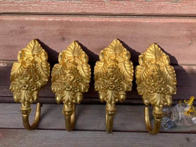 Antique Matching Set 4 FRENCH Curtain Tie Backs Flowers Gold Art Nouveau Ormolu