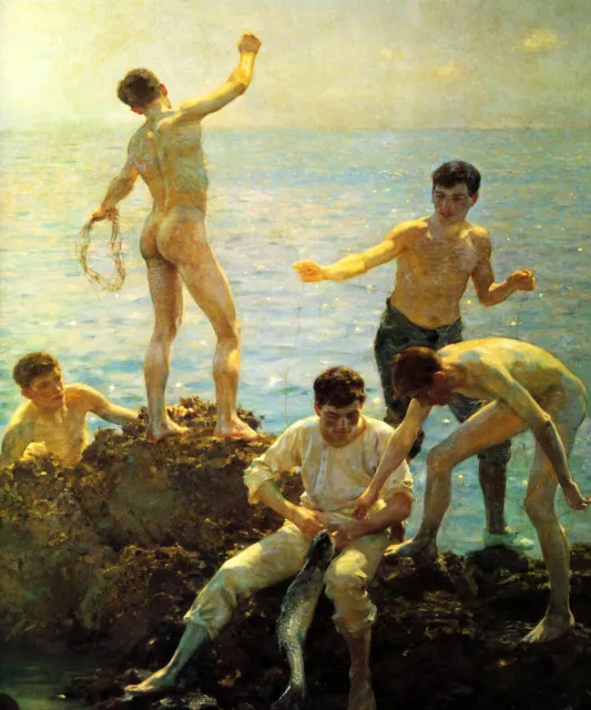 Midsummer Morning Boys Fishing 1908 Painting By Henry Scott Tuke Repro FREE S/H