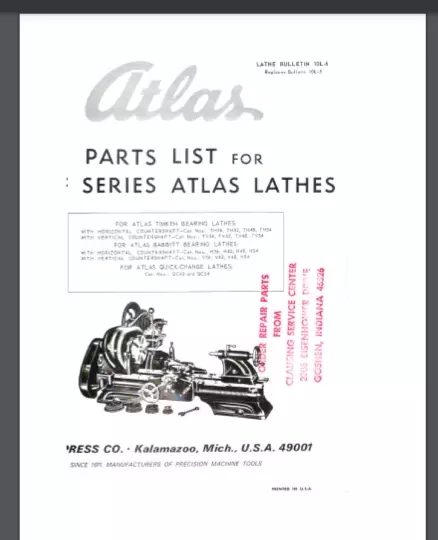 ATLAS/CRAFTSMAN 10-L Series Metal Lathe Parts Manual Gloss protector REPRINT