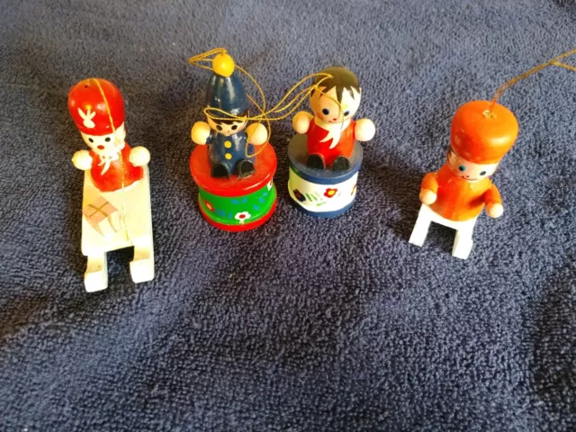 Set of Four Wooden toy soldier ornaments- Hand painted Two on sleds/two on drums