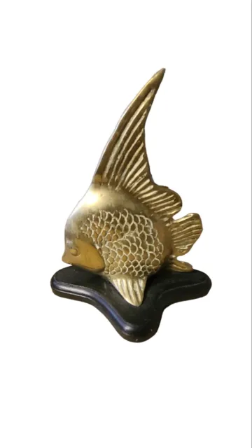 Vintage Brass Angel Fish  Figure with Wooden Base, Heavy, Large, 9 inches tall