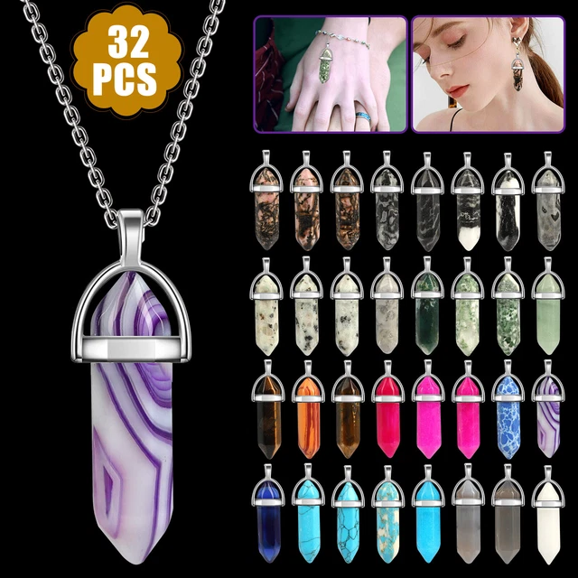 32 PCS Hexagonal Simulated Pointed Stone Quartz Energy Necklace Jewelry Pendant