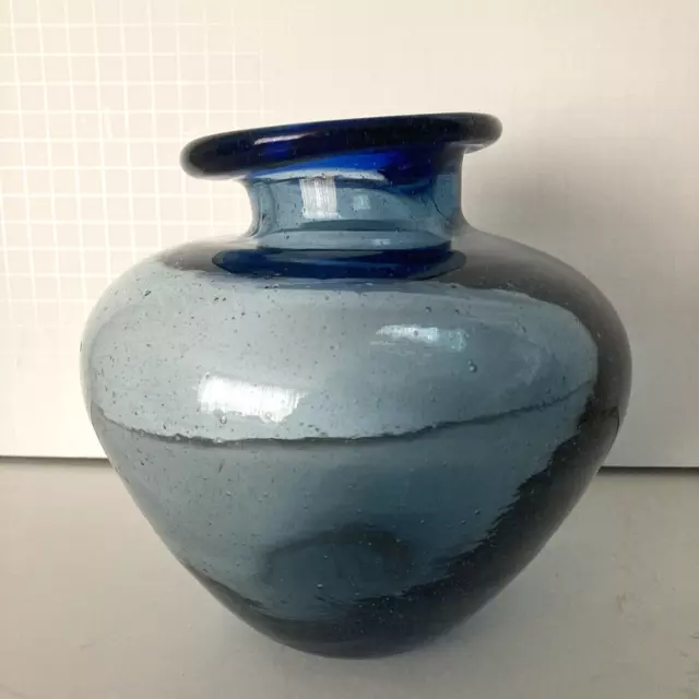 Blue Studio Art Glass Squat Bulbus/Squat Vase Thick and Heavy Bubbles and Seeds