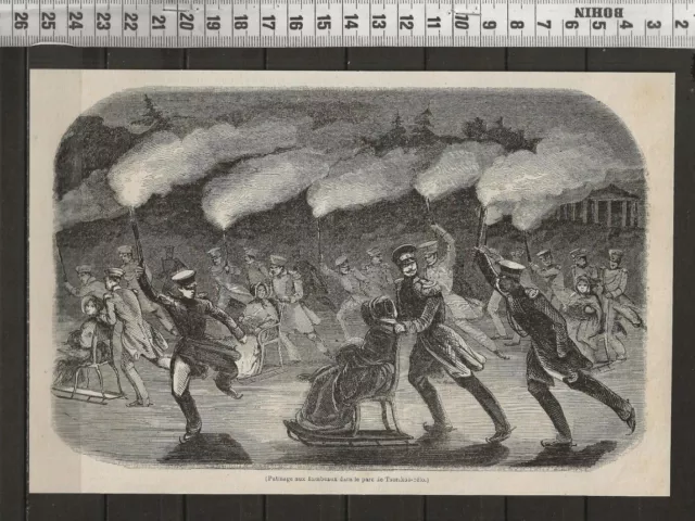 G356 / Engraving 1847 / Torch Skating In Tsarskoe-Selo Park