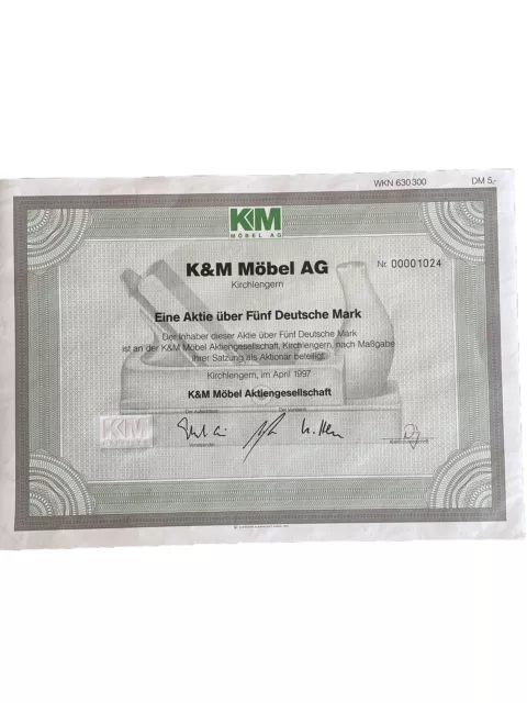 K&M Möbel AG 5 DM Aktie Kirchlengern 1997 unentwertet mit Coupons