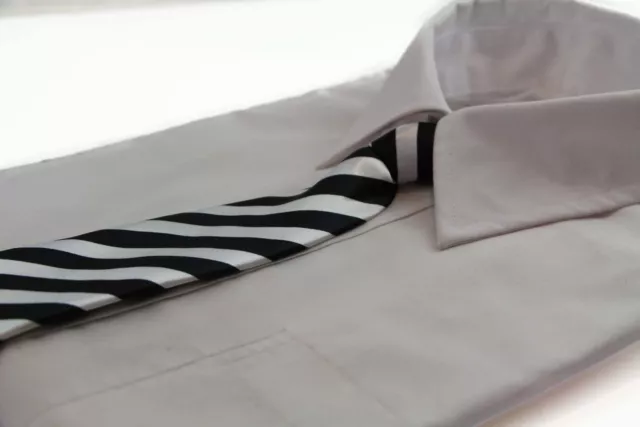 Kids Boys Black & White Patterned Elastic Neck Tie - Thick Diagonal Stripe