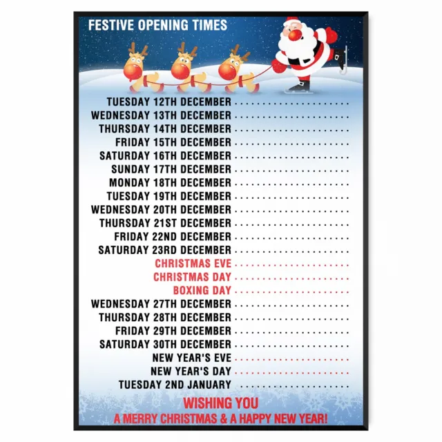 Christmas 2023 Opening Times XMAS Posters Shopping Hours - A5 A4 A3 A2 A1